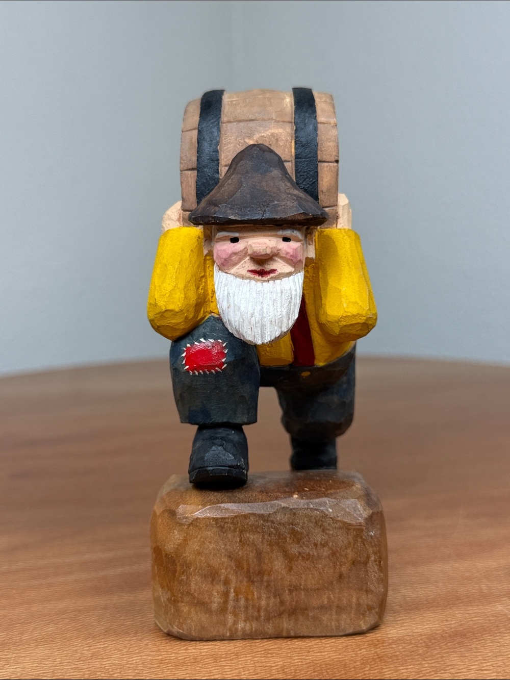 Vintage Carved Wooden Man with a Beard Carrying a Barrel Painted Figure Folk Art